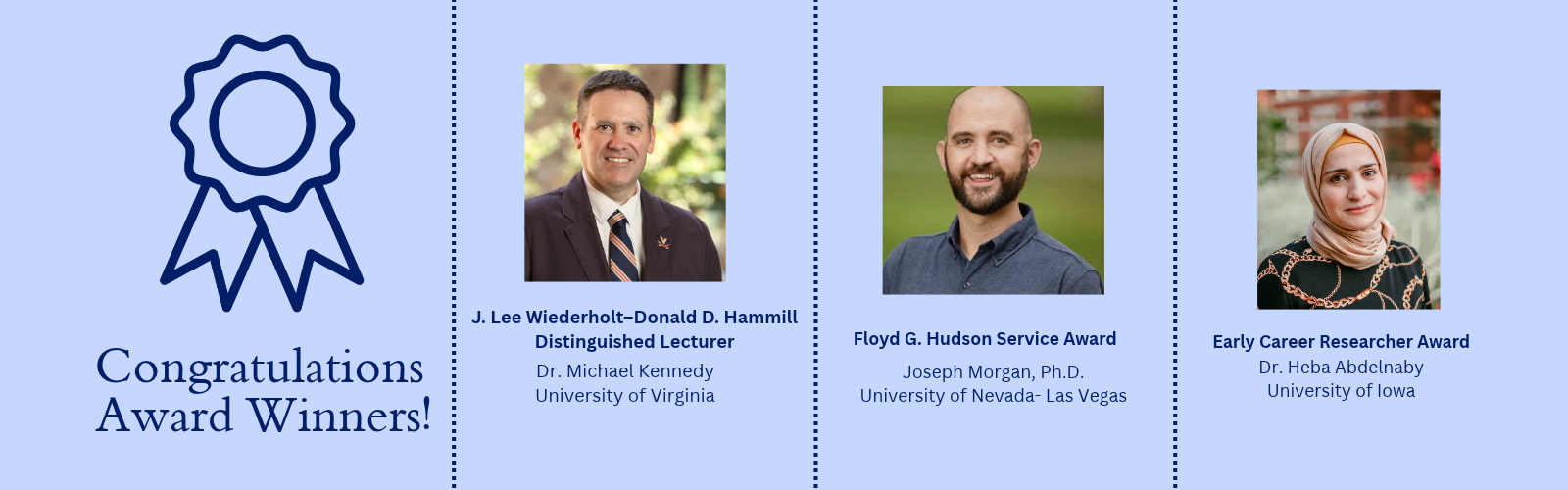 J Lee WiederholtDonald D Hammill Distinguished Lecturer 1 | Council for Learning Disabilities Award winners banner: ribbon icon with 'Congratulations Award Winners!' and three awardees with photos and titles (J. Lee Wiederholt–Donald D. Hammill Distinguished Lecturer; Floyd G. Hudson Service Award; Early Career Researcher Award).